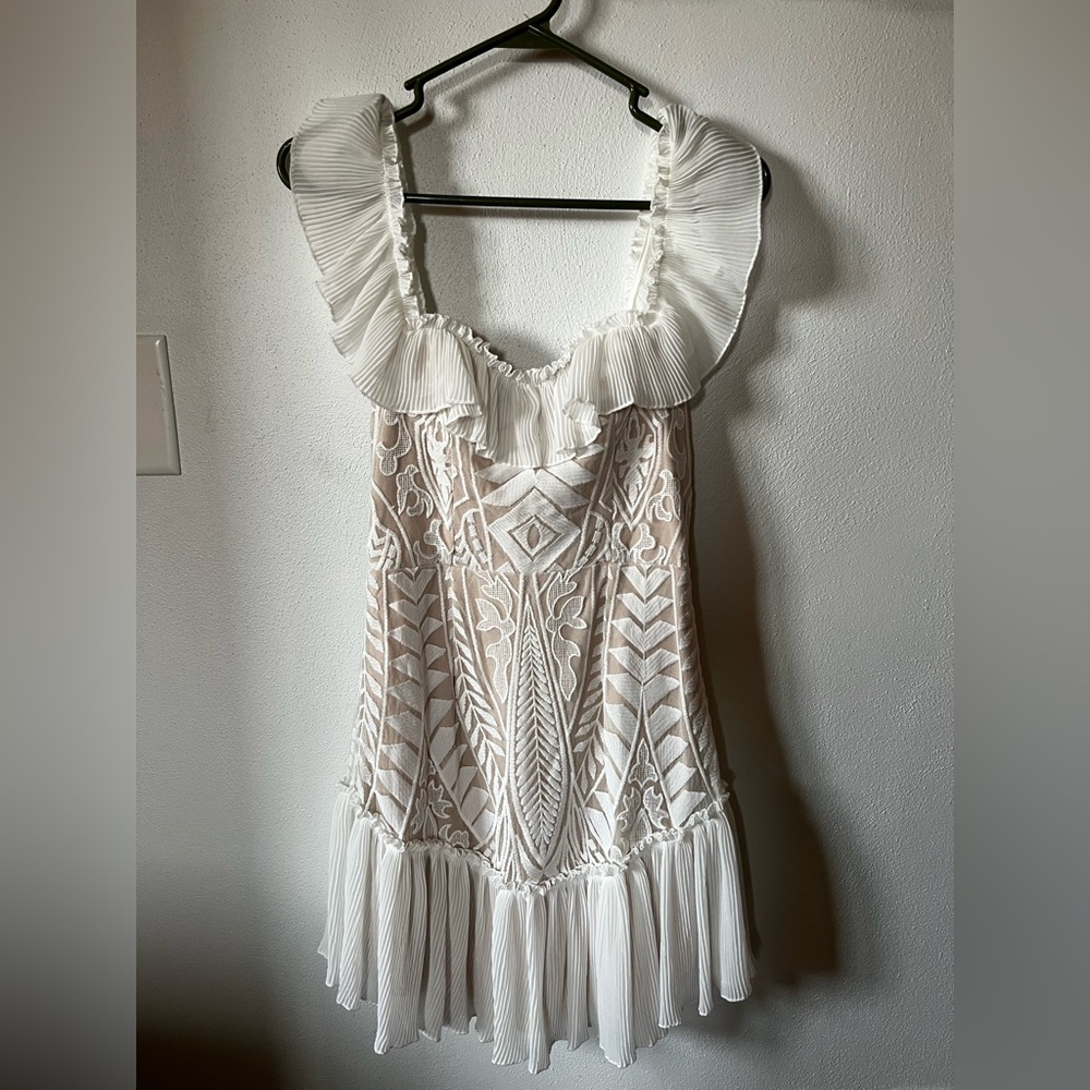 Ivory Embroidered Maxi Dress with Pleated Ruffle Neckline